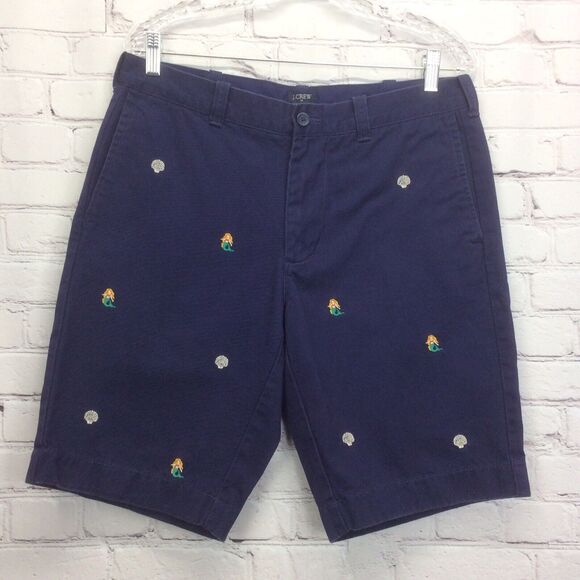 J Crew Shorts Men's Sz 33 Rivington Mermaids Seashells Embroidered Navy Pockets - Picture 1 of 4